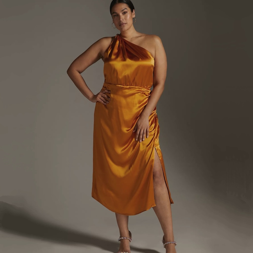 NWT Anthropologie One-Shoulder Silk Midi Dress Orange Brown Bronze Size 12
